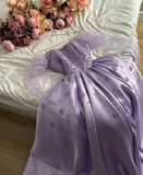 Tineit Pretty Ball Gown Strapless Long Puffy Sleeves Lilac Satin Pearls Prom Dresses Long Evening Dress (PRE-ORDER)