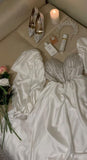 Tineit Fancy A Line Sweetheart Long Sleeves White Satin Prom Dresses Evening Dress With Beads (PRE-ORDER)