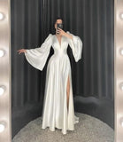 Tineit Fancy A Line V Neckline Long Sleeves White Satin Prom Dresses Evening Dress With Slit (PRE-ORDER)