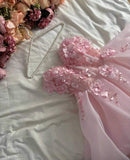 Tineit Pretty Ball Gown Strapless Long Pink Hand Made Flowers Prom Dresses Long Evening Dress (PRE-ORDER)