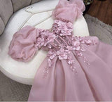 Tineit Pretty Ball Gown Strapless Short Sleeves Pink Hand Made Flowers Prom Dresses Long Evening Dress (PRE-ORDER)