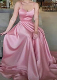 Tineit Simple A Line Spaghetti Straps Sleeveless Pink Satin Prom Dresses Long Evening Dress (PRE-ORDER)