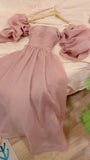 Tineit Simple A Line Strapless Short Sleeves Pink Organza Prom Dresses Long Evening Dress (PRE-ORDER)