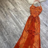 Tineit Gorgeous Mermaid Halter Orange Long Tulle Prom Dresses Beads Evening Dress (PRE-ORDER)