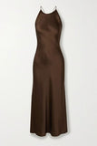 Tineit Simple A Line Spaghetti Straps Long Silk Satin Brown Prom Dresses Evening Dress (PRE-ORDER)