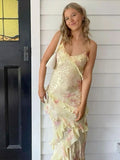 Tineit Elegant Mermaid Spaghetti Straps Yellow Chiffon Long Lace Prom Dresses Evening Dress (PRE-ORDER)