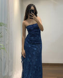 Tineit Elegant Sheath Strapless Navy Blue Long Prom Dresses Evening Gowns (PRE-ORDER)