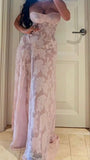 Tineit Elegant Sheath Spaghetti Straps Pink Lace Long Prom Dresses Evening Gowns (PRE-ORDER)