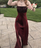 Tineit Elegant A line Spaghetti Straps Burgundy Long Slit Prom Dresses Evening Gowns (PRE-ORDER)