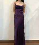 Tineit Elegant A line Spaghetti Straps Grape Long Satin Prom Dresses Evening Gowns (PRE-ORDER)