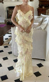 Tineit Elegant Sheath Spaghetti Straps Yellow Lace Long Prom Dresses Evening Gowns (PRE-ORDER)