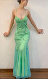 Tineit Vintage Mermaid Spaghetti Straps s Green Prom Dresses Evening Gowns With Beads (PRE-ORDER)