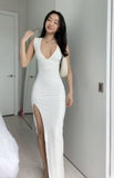 Tineit Gorgeous Sheath V Neckline White Long Prom Dresses Evening Dress (PRE-ORDER)