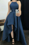 Tineit Vintage High Low Halter Navy Blue Satin Prom Dresses Evening Gowns (PRE-ORDER)