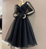 Tineit Modest A Line V Neckline Long Sleeves Black Tulle Prom Dresses Evening Dress (PRE-ORDER)