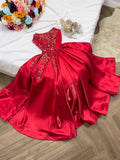 Tineit Modest A Line Strapless Sleeveless Red Satin Ruffles Beads Long Prom Dresses Evening Dress (PRE-ORDER)