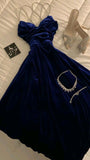 Tineit Modest A Line Straps Sleeveless Royal Blue Velvet Beads Long Prom Dresses Evening Dress (PRE-ORDER)