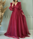 Tineit Modest A Line V Neckline Long Sleeves Hot Pink Tulle Long Prom Dresses Evening Dress (PRE-ORDER)