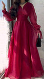 Tineit Modest A Line V Neckline Long Sleeves Hot Pink Tulle Long Prom Dresses Evening Dress (PRE-ORDER)