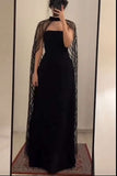 Tineit Vintage A Line Strapless Black Tulle Long Prom Dresses With Cape Evening Dress (PRE-ORDER)