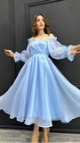 Tineit Vintage A Line Strapless Light Sky Blue Organza Prom Dresses Evening Dress (PRE-ORDER)