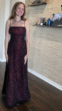 Tineit Vintage A Line Spaghetti Straps Burgundy Sequin Long Prom Dresses Evening Dress (PRE-ORDER)