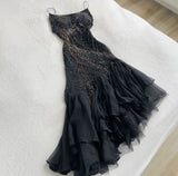 Tineit Vintage Mermaid Spaghetti Straps Black Tulle Long Prom Dresses Evening Dress (PRE-ORDER)