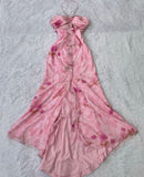 Tineit Vintage Mermaid Halter Pink Chiffon Floral Long Prom Dresses Evening Dress (PRE-ORDER)