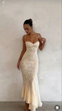 Tineit Vintage Mermaid Spaghetti Straps Ivory Lace Floor Length Prom Dresses Chiffon Evening Dress (PRE-ORDER)