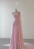 Tineit Vintage A Line One Shoulder Pink Chiffon Floor Length Prom Dresses Beads Evening Dress (PRE-ORDER)