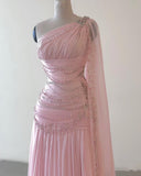 Tineit Vintage A Line One Shoulder Pink Chiffon Floor Length Prom Dresses Beads Evening Dress (PRE-ORDER)