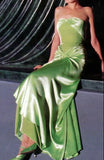 Tineit Vintage A line Strapless Satin Long Mint Green Prom Dresses Evening Dress With Fold (PRE-ORDER)