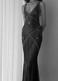 Tineit Vintage Sheath V Neckline Long Black Prom Dresses Evening Dress With Beads (PRE-ORDER)