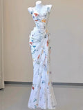 Tineit Vintage Sheath Square Neckline Long Prom Dresses White Floral Evening Dress With Ruffles (PRE-ORDER)