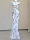 Tineit Vintage Sheath Square Neckline Long Prom Dresses White Floral Evening Dress With Ruffles (PRE-ORDER)