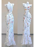 Tineit Vintage Sheath Square Neckline Long Prom Dresses White Floral Evening Dress With Ruffles (PRE-ORDER)