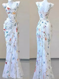 Tineit Vintage Sheath Square Neckline Long Prom Dresses White Floral Evening Dress With Ruffles (PRE-ORDER)