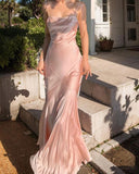 Tineit Mermaid Spaghetti Straps Sleeveless Ruffles Pink Prom Dresses (PRE-ORDER)