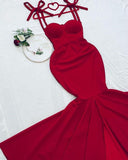 Tineit Pretty Mermaid Spaghetti Straps Red Long Party Dress, Satin Prom Dress (PRE-ORDER)