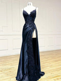 Tineit Dark Blue V Neck Satin Lace Long Prom Dress, Dark Blue Lace Long Evening Dress (PRE-ORDER)