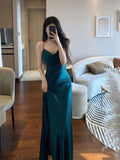 Tineit Mermaid Green Satin Long Prom Dresses Slit Evening Dress (PRE-ORDER)