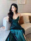 Tineit Mermaid Green Satin Long Prom Dresses Slit Evening Dress (PRE-ORDER)