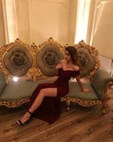 Tineit Mermaid Off The Shoulder Burgundy Pleated Slit Prom Dresses (PRE-ORDER)