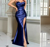 Tineit Pretty Mermaid Spaghetti Straps Royal Blue Satin Slit Long Party Dress Prom Dress (PRE-ORDER)