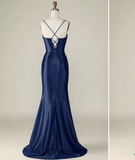 Tineit Pretty Mermaid Spaghetti Straps Royal Blue Satin Slit Long Party Dress Prom Dress (PRE-ORDER)