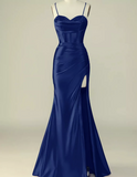 Tineit Pretty Mermaid Spaghetti Straps Royal Blue Satin Slit Long Party Dress Prom Dress (PRE-ORDER)