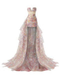 Tineit Elegant High Low Strapless Pink Floral Long Prom Dresses Evening Dress (PRE-ORDER)