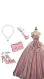 Tineit Elegant Ball Gown Strapless Pink Organza Long Prom Dresses Evening Dress (PRE-ORDER)