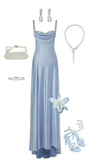 Tineit Pretty A line Straps Light Sky Blue Satin Long Party Dress Prom Dresses (PRE-ORDER)