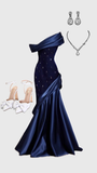 Tineit Pretty Mermaid One Shoulder Navy Blue Satin Long Party Dress Prom Dresses (PRE-ORDER)